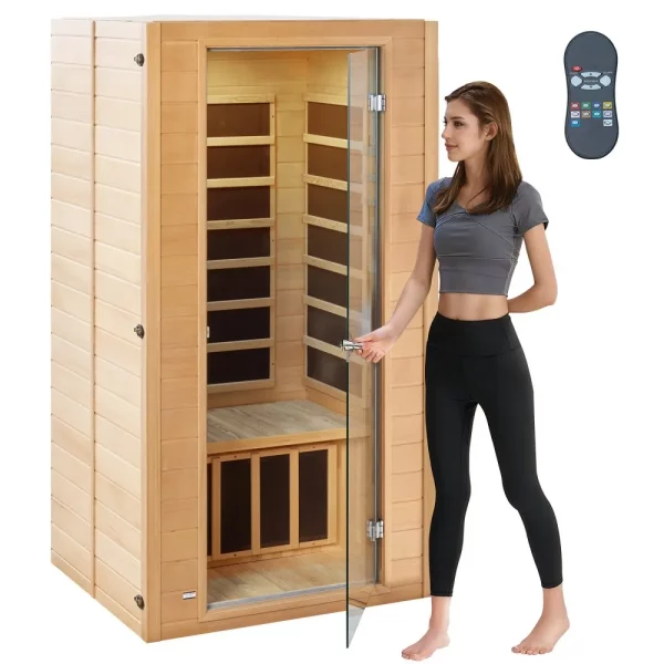 Drevená sauna s infračerveným žiarením, domáca sauna pre 1 až 2 osoby, nízkofrekvenčná infračervená sauna z jedle s tvrdenými sklenenými dverami, viacfarebnou lampou, Bluetooth reproduktorom a farebnou svetelnou terapiou.