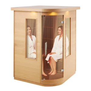 Drevená infračervená sauna, saunová vírivka do domácnosti, pre 2 osoby, infračervená sauna s nízkym elektromagnetickým žiarením, tvrdenými sklenenými dverami, viacfarebnou LED lampou a Bluetooth reproduktormi, 2 kW na vnútorné použitie