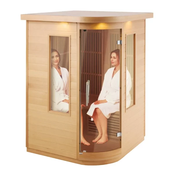 Drevená infračervená sauna, saunová vírivka do domácnosti, pre 2 osoby, infračervená sauna s nízkym elektromagnetickým žiarením, tvrdenými sklenenými dverami, viacfarebnou LED lampou a Bluetooth reproduktormi, 2 kW na vnútorné použitie