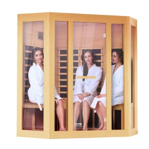 Drevená infračervená sauna, saunové kúpele do domácnosti, pre 3 až 4 osoby, nízko-EMF infračervená sauna vyrobená z tsugovky s tvrdenými sklenenými dverami, Bluetooth reproduktormi a farebnou svetelnou terapiou, 2470 W na vnútorné použitie