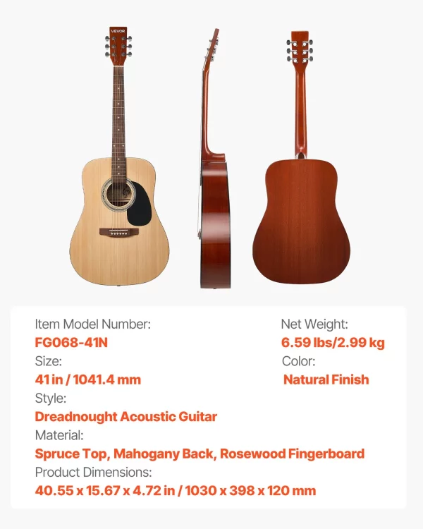 Akustická gitara 41 palcov / 1041,4 mm sada pre začiatočníkov pre dospelých, natural – Obrázok 7