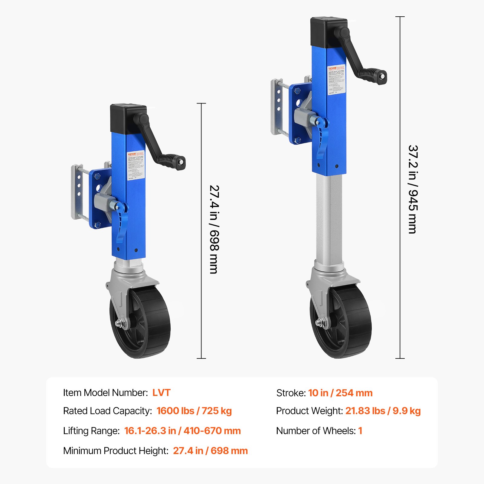 Zdvihák prívesu s kolieskami, podpera prívesu 725 kg, otočný zdvihák na lodný príves z polypropylénu s jedným kolesom, zdvih 254 mm, skrutkový obytný príves s rukoväťou pre obytný automobil, loď, konský príves, úžitkový príves – Obrázok 4