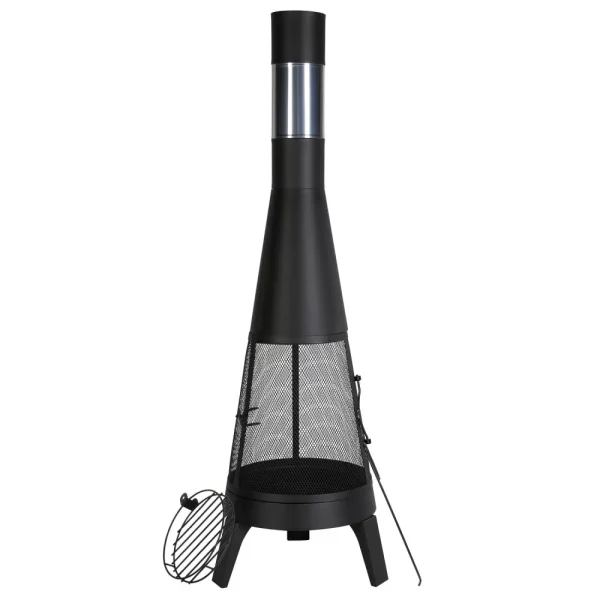 Záhradný krb, φ508x1495 mm, kónický krb na grilovanie a ohrievanie, aztécky krb na vonkajšie použitie s roštom na grilovanie, plášťom krbu a nerezovým vekom na krb, na terasu, do záhrady, na dvor