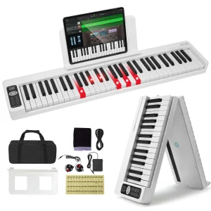 61-klávesové skladacie piano, Bluetooth a MIDI, prenosné elektronické digitálne skladacie piano so sustain pedálom, citlivé na dotyk podsvietené klávesy, puzdro, nabíjateľné pre začiatočníkov, tínedžerov a dospelých, biele