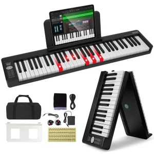 61-klávesové skladacie piano, Bluetooth a MIDI, prenosné elektronické digitálne skladacie piano so sustain pedálom, podsvietené klávesy citlivé na dotyk, puzdro, nabíjateľné pre začiatočníkov, tínedžerov a dospelých, čierne