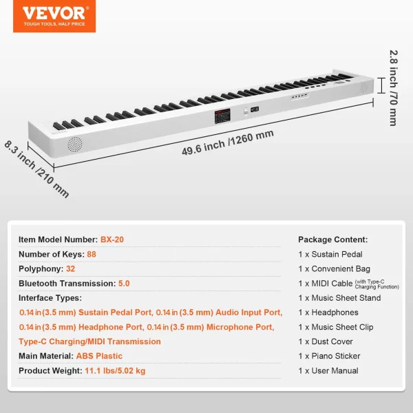 88-klávesové skladacie piano, Bluetooth a MIDI, prenosné elektronické digitálne skladacie piano so sustain pedálom, puzdro, klávesy citlivé na dotyk, slúchadlá, nabíjateľné pre začiatočníkov, tínedžerov a dospelých, biele – Obrázok 5