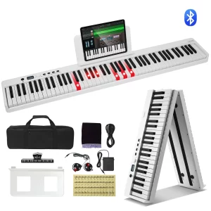 88-klávesové skladacie piano, Bluetooth a MIDI, prenosné elektronické digitálne skladacie piano so sustain pedálom, puzdro, klávesy citlivé na dotyk, slúchadlá, nabíjateľné pre začiatočníkov, tínedžerov a dospelých, biele
