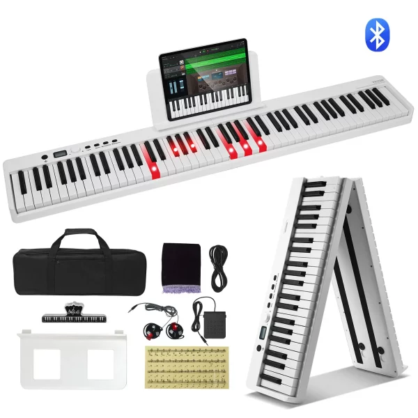 88-klávesové skladacie piano, Bluetooth a MIDI, prenosné elektronické digitálne skladacie piano so sustain pedálom, puzdro, klávesy citlivé na dotyk, slúchadlá, nabíjateľné pre začiatočníkov, tínedžerov a dospelých, biele