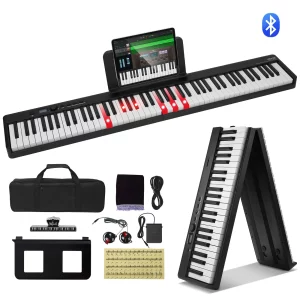 88-klávesové skladacie piano, Bluetooth a MIDI, prenosné elektronické digitálne skladacie piano so sustain pedálom, puzdro, klávesy citlivé na dotyk, slúchadlá, nabíjateľné pre začiatočníkov, tínedžerov a dospelých, čierne
