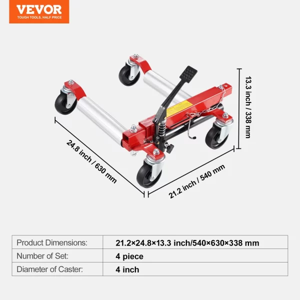Kolesový zdvihák, 4 ks, max. nosnosť 680 kg, zdvihák s kolesami otočnými o 360°, hydraulický zdvihák na polohovanie ťažkých vozidiel, na opravu a sťahovanie vozidiel – Obrázok 6