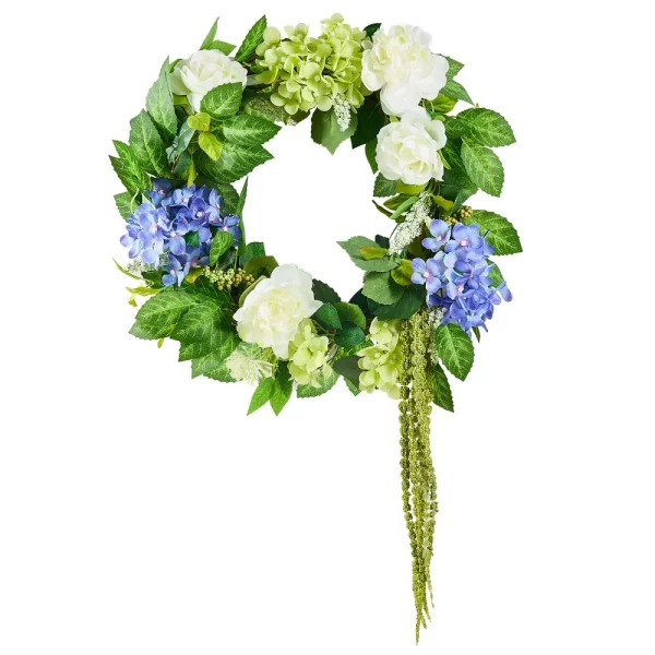 Umelý dekoratívny veniec, 58,42 cm, modro-bielo-zelený, zdobený hortenziami, ružami, bobuľami, viničom, veniec na dvere po celý rok, do interiéru aj exteriéru, ako dekorácia na steny domu, okná a festivaly
