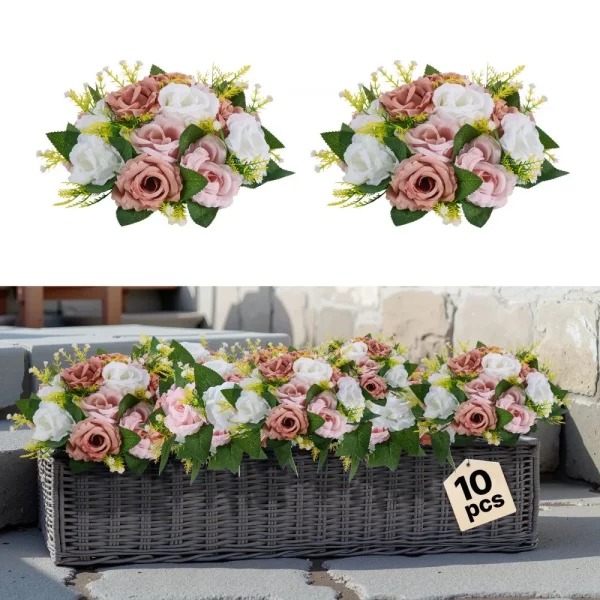 Umelé kvety, balenie 10 kusov, 240x240x120 mm, Umelé kvetinové gule, Aranžmány z umelých ruží na svadobné stolové dekorácie, bytové dekorácie, stolové dekorácie, večierky, oslavy, ružové a biele ruže