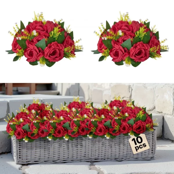 Umelé kvety, 10 kusov, 240 x 240 x 120 mm, Umelé kvetinové gule, Umelé kvetinové aranžmány, Kytica hodvábnych ruží na svadobné dekorácie, dekorácie na stôl do domácnosti, večierky