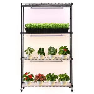 Stojan na rastliny s pestovateľským svetlom 90x35x150 cm, 4-úrovňový stojan na rastliny, stojan na rastliny s kolieskami, 90W 3-farebné plnospektrálne svetlá, kovový stojan na kvety na klíčenie semien