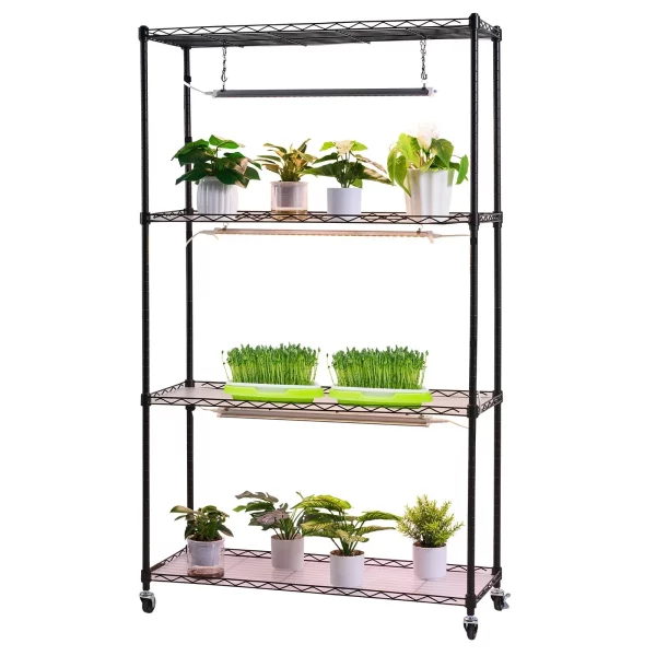Stojan na rastliny s pestovateľským svetlom 90x35x150 cm, 4-úrovňový stojan na rastliny, stojan na rastliny s kolieskami, 90W 3-farebné plnospektrálne svetlá, kovový stojan na kvety na klíčenie semien – Obrázok 4