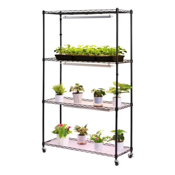 Stojan na rastliny s pestovateľským svetlom 90x35x150 cm, 4-úrovňový stojan na rastliny, stojan na rastliny s kolieskami, 90W 3-farebné plnospektrálne svetlá, kovový stojan na kvety na klíčenie semien – Obrázok 5