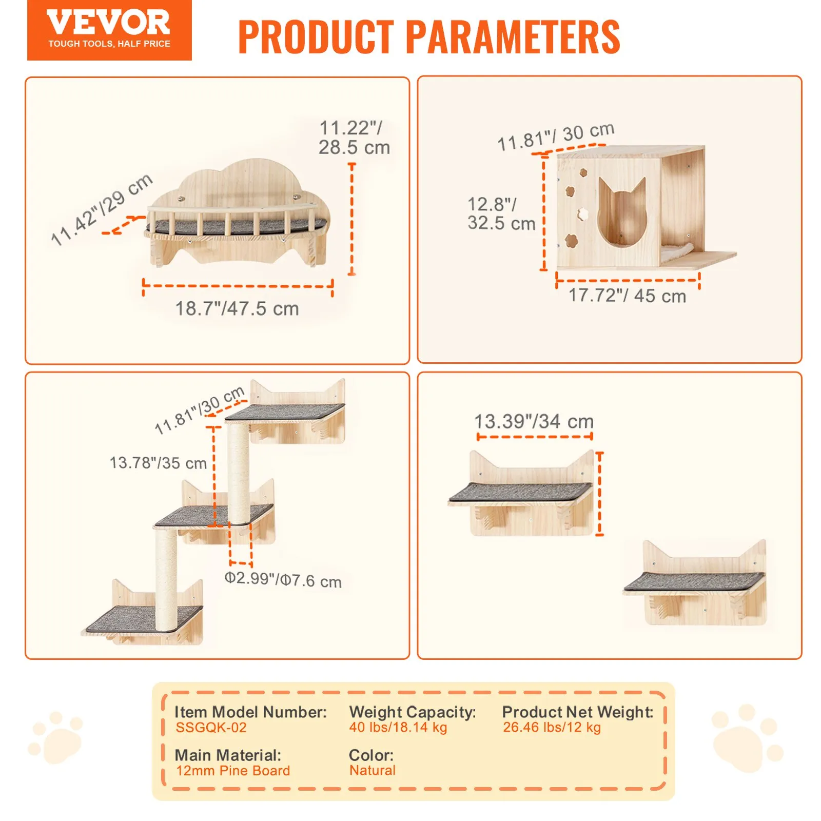 Nástenné police pre mačky, nástenné police a bidlá pre mačky so skákacími doskami, hniezdom, zábrannou doskou a stromom pre mačky, plávajúci nábytok pre mačky do 18 kg na spanie, hranie, lezenie, 5-dielna sada – Obrázok 6