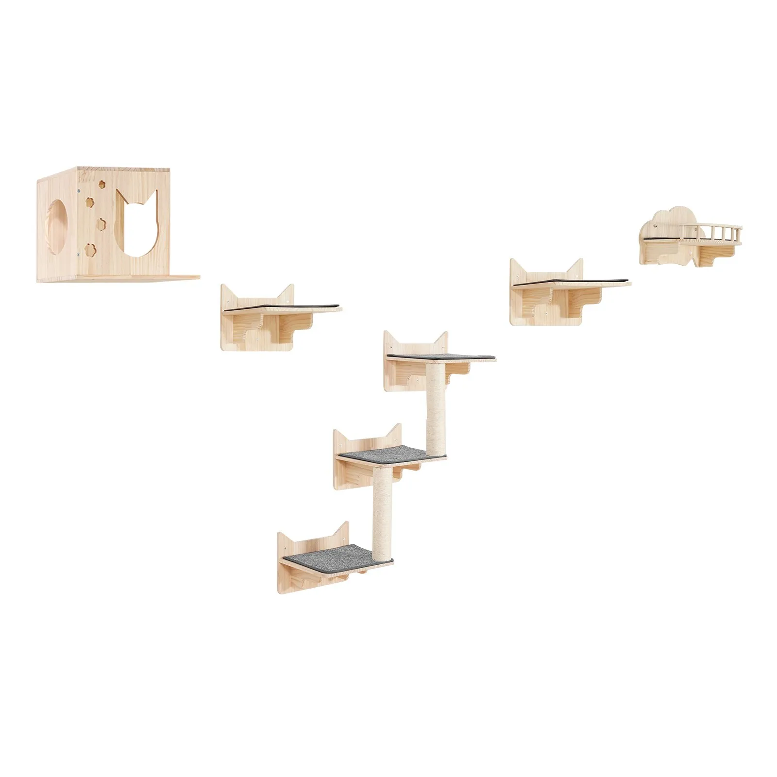 Nástenné police pre mačky, nástenné police a bidlá pre mačky so skákacími doskami, hniezdom, zábrannou doskou a stromom pre mačky, plávajúci nábytok pre mačky do 18 kg na spanie, hranie, lezenie, 5-dielna sada – Obrázok 2