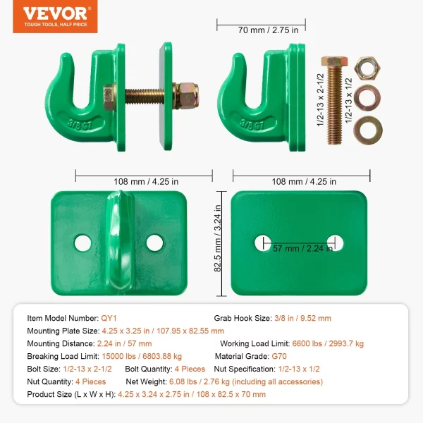 Hák na vedro traktora 9,52 mm, oceľ triedy 70, sada 2 skrutkovacích hákov, odolný držiak s opornou doskou, maximálna pevnosť v tahu 6803,88 kg, kompatibilný s obytným vozidlom, pickupom a nákladným autom – Obrázok 6