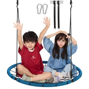 Hojdačka Spider Web, okrúhle hojdačky s priemerom 102 cm pre deti vonku, nosnosť 340 kg, pevné sedadlo z tkaného lana s popruhmi na zavesenie na stromček a nastaviteľnými viacpramennými lanami.