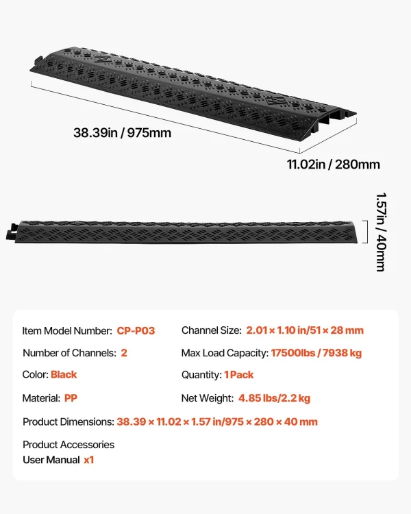 Chránič káblov 975 mm, nosnosť 7938 kg/nápravu, odolný PP proti prejazdu, ochrana proti zakopnutiu, kryty podlahy, pre priestory s vysokým prahom, pre domácnosti, kancelárie, sklady, 1 balenie – Obrázok 2