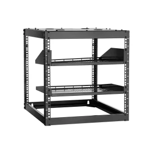 Sieťový rack 10U s otvoreným rámom, hĺbka 585 mm, nástenný alebo stojaci serverový rack, 4-stĺpová konštrukcia, s vetranými policami a montážnym hardvérom, pre všetky sieťové IT zariadenia a AV zariadenia