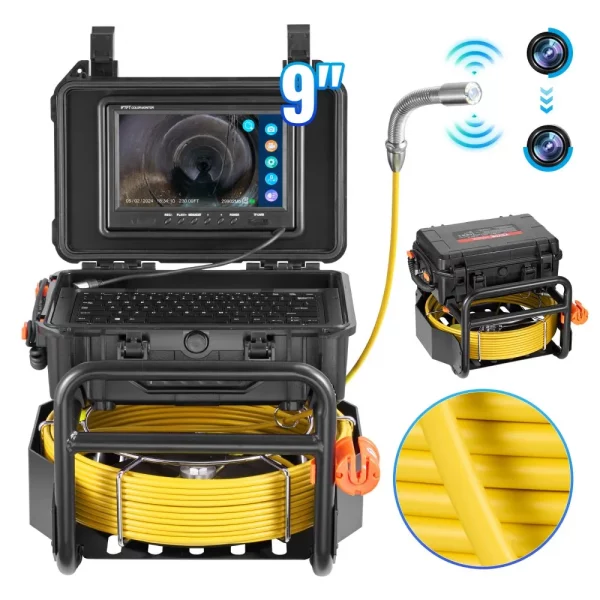 Kanalizačný fotoaparát  70 m, samonivelačná inšpekčná kamera na potrubie s vysielačom 512 Hz, počítadlom vzdialenosti, 9-palcovou obrazovkou, 1080P HD inšpekčnou kamerou na potrubie s 12 LED diódami a 32 GB kartou pre kanalizačné potrubia, endoskop