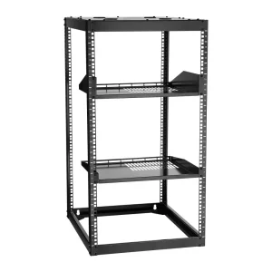 Sieťový rack 20U s otvoreným rámom, hĺbka 585 mm, nástenný alebo stojaci serverový rack, 4-stĺpová konštrukcia, s vetranými policami a montážnym hardvérom, pre sieťové IT zariadenia a AV zariadenia