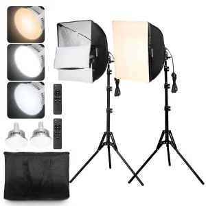400 x 400 mm softbox kit, profesionálna fotoštúdiová sada so 45 W LED žiarovkami, nastaviteľná teplota farieb 3000 – 6500 K, statív, diaľkové ovládanie, štúdiové svetlá na portrétové fotenie, živé vysielanie