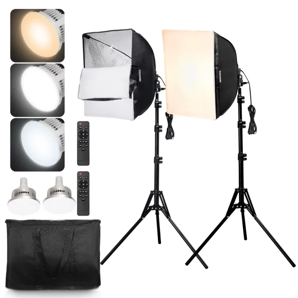 400 x 400 mm softbox kit, profesionálna fotoštúdiová sada so 45 W LED žiarovkami, nastaviteľná teplota farieb 3000 – 6500 K, statív, diaľkové ovládanie, štúdiové svetlá na portrétové fotenie, živé vysielanie