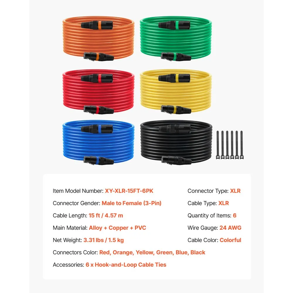 XLR kábel 4,57 m, 6 kusov, vyvážené DMX mikrofónové káble (samec-samica), pozlátené 3-kolíkové XLR mikrofónové reproduktorové káble, pre osvetlenie pódia, mikrofóny, zosilňovače, mixážne pulty – Obrázok 2