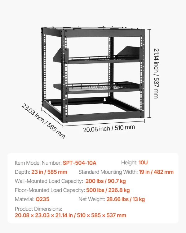 Sieťový rack 10U s otvoreným rámom, hĺbka 585 mm, nástenný alebo stojaci serverový rack, 4-stĺpová konštrukcia, s vetranými policami a montážnym hardvérom, pre všetky sieťové IT zariadenia a AV zariadenia – Obrázok 4