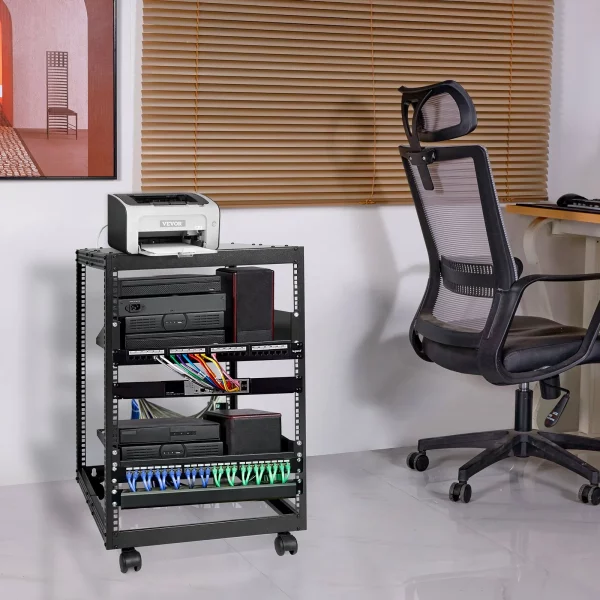 15U otvorený serverový rack, nastaviteľná hĺbka 15''-40'', voľne stojaci alebo nástenný sieťový serverový rack, 4-stĺpový AV rack s kolieskami, pojme všetky vaše sieťové IT zariadenia – Obrázok 3