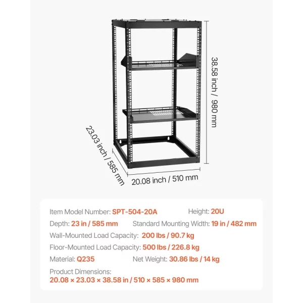 Sieťový rack 20U s otvoreným rámom, hĺbka 585 mm, nástenný alebo stojaci serverový rack, 4-stĺpová konštrukcia, s vetranými policami a montážnym hardvérom, pre sieťové IT zariadenia a AV zariadenia – Obrázok 3