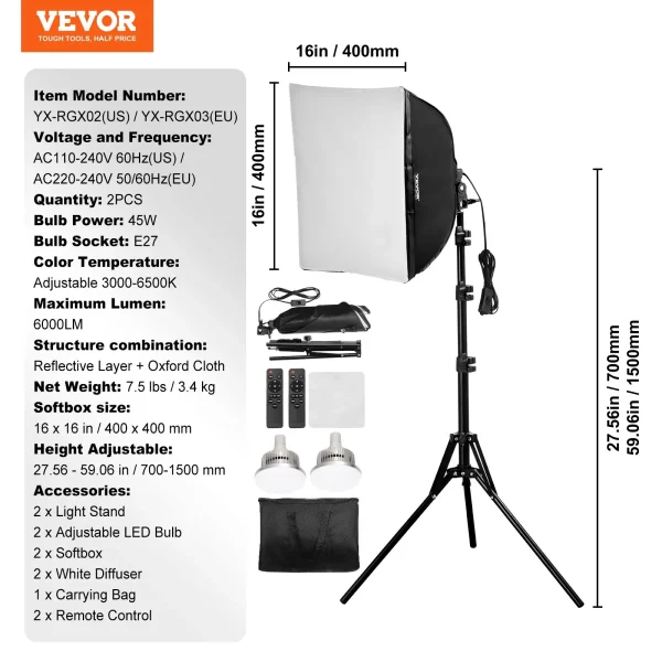 400 x 400 mm softbox kit, profesionálna fotoštúdiová sada so 45 W LED žiarovkami, nastaviteľná teplota farieb 3000 – 6500 K, statív, diaľkové ovládanie, štúdiové svetlá na portrétové fotenie, živé vysielanie – Obrázok 4