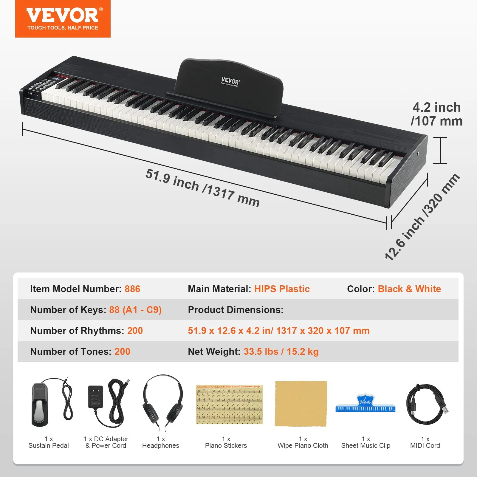Digitálne piano , 88 klávesov, elektrické piano, dvojitá klávesnica a reproduktor so sustain pedálom, slúchadlá, 200 tónov a rytmov, podpora Bluetooth/USB/MIDI, pre začiatočníkov aj učiteľov – Obrázok 3