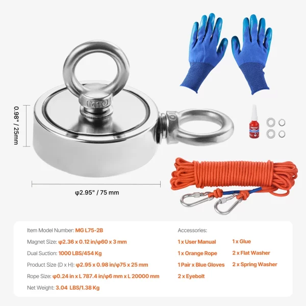 Magnetická rybárska sada Magnetická rybárska sada (oranžová) 450 kg obojstranná ťažná sila, neodýmový magnet zo vzácnych zemín Rybárska sada vrátane háku, odolných lanových rukavíc (modré), lepidla s očkom – Obrázok 2