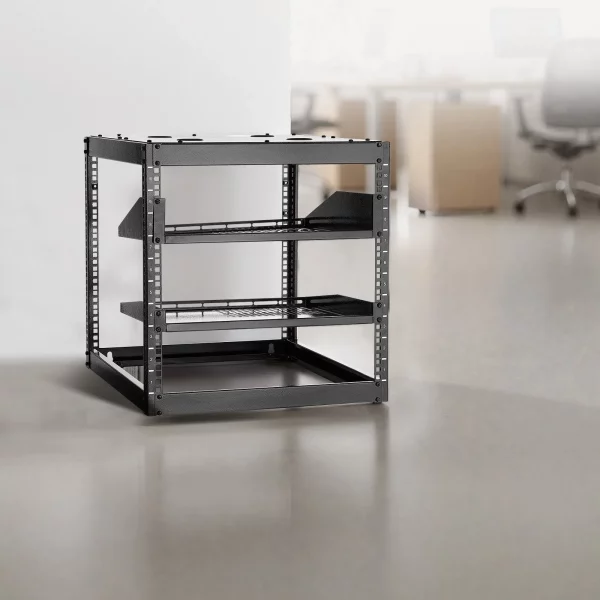 Sieťový rack 10U s otvoreným rámom, hĺbka 585 mm, nástenný alebo stojaci serverový rack, 4-stĺpová konštrukcia, s vetranými policami a montážnym hardvérom, pre všetky sieťové IT zariadenia a AV zariadenia – Obrázok 2