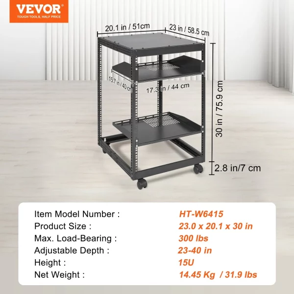 15U otvorený serverový rack, nastaviteľná hĺbka 15''-40'', voľne stojaci alebo nástenný sieťový serverový rack, 4-stĺpový AV rack s kolieskami, pojme všetky vaše sieťové IT zariadenia – Obrázok 2