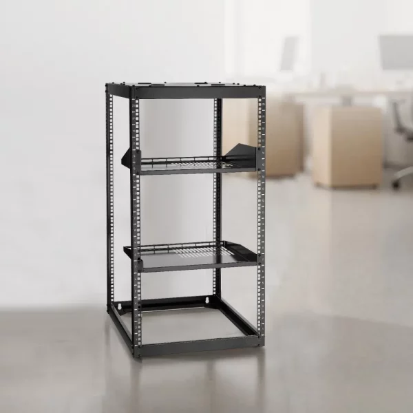 Sieťový rack 20U s otvoreným rámom, hĺbka 585 mm, nástenný alebo stojaci serverový rack, 4-stĺpová konštrukcia, s vetranými policami a montážnym hardvérom, pre sieťové IT zariadenia a AV zariadenia – Obrázok 2