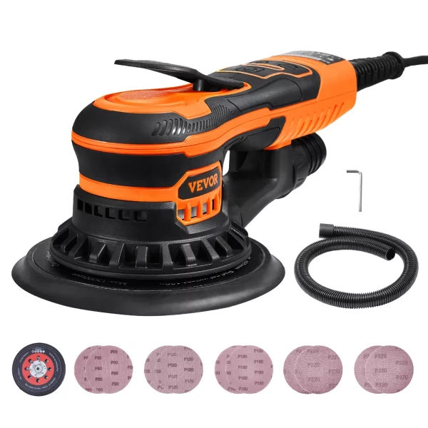 Excentrická orbitálna brúska, 152 mm bezkefová elektrická excentrická orbitálna brúska, 350 W, 6 variabilných rýchlostí, s 10 brúsnymi papiermi, prachotesným konektorom a hadicou, na brúsenie dreva – Obrázok 2