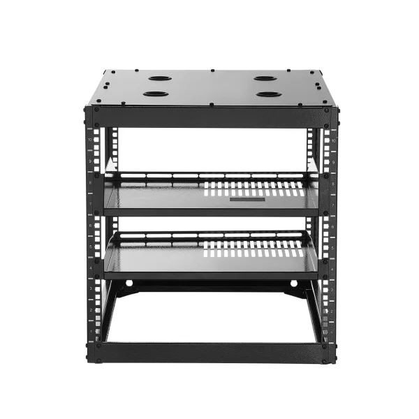 Sieťový rack 10U s otvoreným rámom, hĺbka 585 mm, nástenný alebo stojaci serverový rack, 4-stĺpová konštrukcia, s vetranými policami a montážnym hardvérom, pre všetky sieťové IT zariadenia a AV zariadenia – Obrázok 3