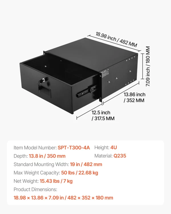 4U Rack zásuvka, 22,68 kg uzamykateľná skriňa pre server, posuvná zásuvka so zámkom a otvormi na vedenie káblov, pre sieťovú skriňu, AV rack alebo skriňu 482 mm – Obrázok 4