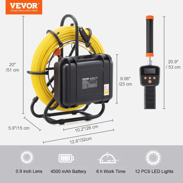 Kanalizačný fotoaparát VEVOR s 512Hz sledovaním, 91,5 m, 23 cm inšpekčná kamera na potrubie s funkciou DVR, IP68 kamera s 12 nastaviteľnými LED diódami, 16GB SD karta pre kanalizačné potrubia, dom, kanalizáciu, odtokové potrubie – Obrázok 3