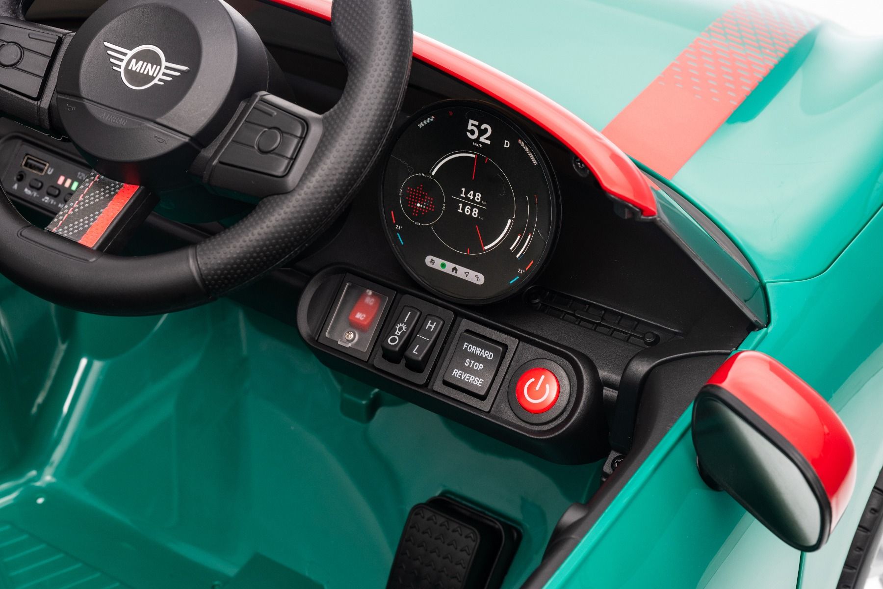 Elektrické autíčko BMW Mini Cooper 12V, zelené, USB Vstup s Bluetooth pripojením na MP3 Prehrávači, 2,4 GHz diaľkové ovládanie, 2 x 25W Motor, Lítiová batéria, LED svetlá, ORIGINAL licencia (Kópia) – Obrázok 11