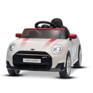 Elektrické autíčko BMW Mini Cooper 12V, biele, USB Vstup s Bluetooth pripojením na MP3 Prehrávači, 2,4 GHz diaľkové ovládanie, 2 x 25W Motor, Lítiová batéria, LED svetlá, ORIGINAL licencia