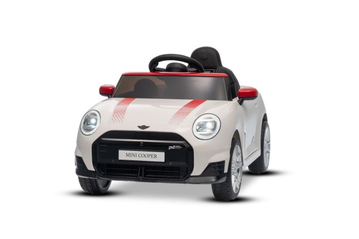 Elektrické autíčko BMW Mini Cooper 12V, biele, USB Vstup s Bluetooth pripojením na MP3 Prehrávači, 2,4 GHz diaľkové ovládanie, 2 x 25W Motor, Lítiová batéria, LED svetlá, ORIGINAL licencia