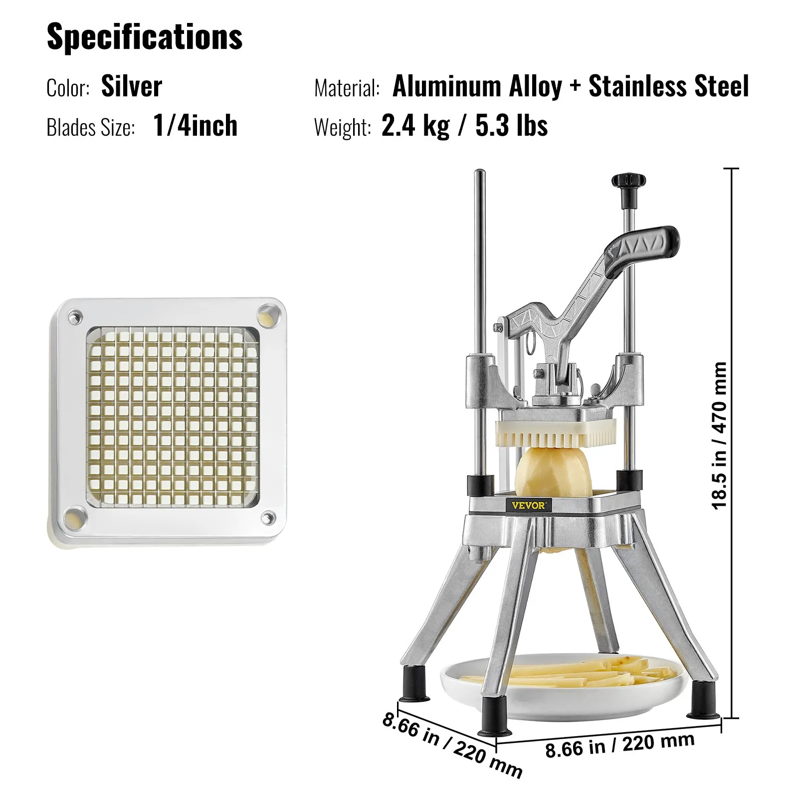 Krájač zemiakov, krájač hranolčekov, krájač do fritézy 0,64 cm, krájač zeleniny, komerčný sekáčik, krájač ovocia s 2 náhradnými čepeľami, sekáčik z nehrdzavejúcej ocele, krájač zeleniny – Obrázok 5