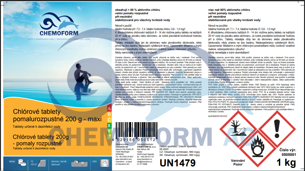 Tablety Chemoform 5601, 200 g, chlórové, pomalorozpustné, bal. 1 kg – Obrázok 2