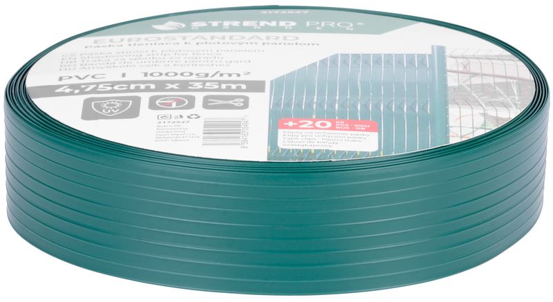 Páska Strend Pro EUROSTANDARD, 47,5 mm, L-35 m, tieniaca, zelená, krycia, na plotové panely, s 20 klipsami, 450g/m2, PVC, RAL6005 – Obrázok 4